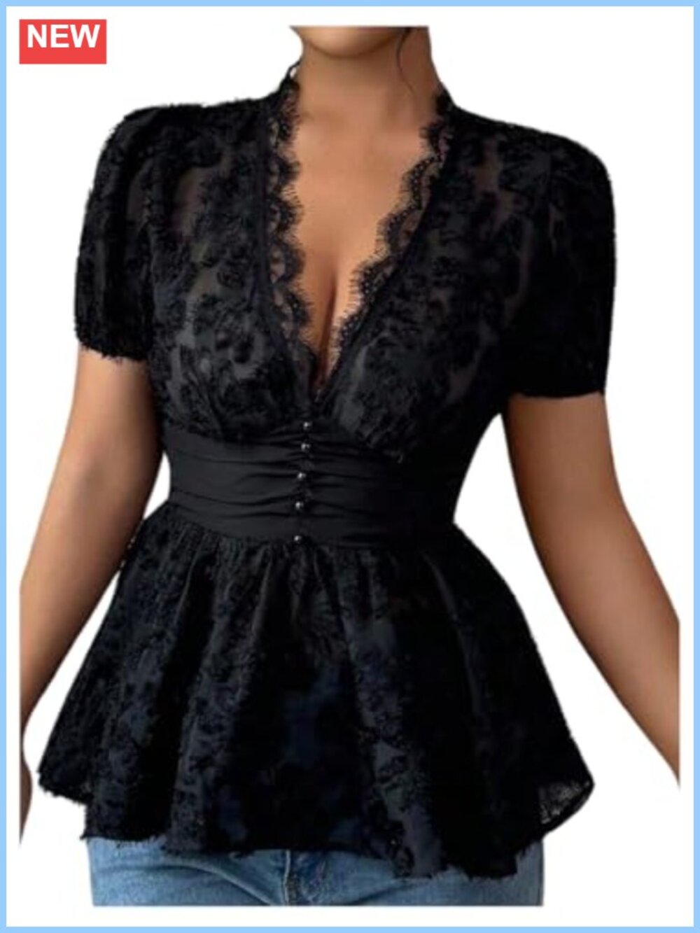 SweatyRocks Short Sleeve Deep V Neck Lace Ruffle Peplum Blouse Top